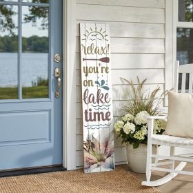 46" White Blue And Taupe Solid Wood Relax You're On Lake Time Porch Sign