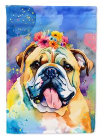 English Bulldog Hippie Dawg House Flag Large Porch Sleeve Pole Decorative Outside Yard Banner Artwork Wall Hanging, Polyester, House Size, Multic