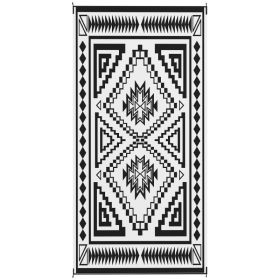 Reversible Outdoor Rug, Waterproof Plastic Straw With Carry Bag, 9 X 18, Black & White Square Patchwork (Option: black)