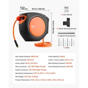 Retractable Air Hose Reel, 3/8 Inch X 80 FT Hybrid Air Hose Max 300PSI, Enclosed Air-Compressor Hoses Reel Auto Rewind With 6.6 Ft Lead In, 180° (Option: black)