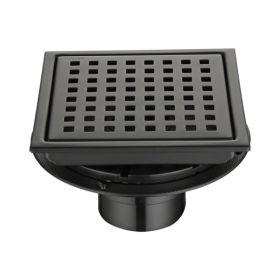 6 Inch Square Shower Drain With Removable Square Patterned Grate, 304 Stainless Steel With Flange And Hair Strainer, Matte Black (Option: Defaulttitle)