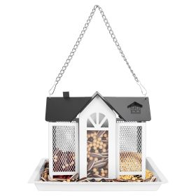 Metal Hanging Bird Feeder House Classic Barn Bird Feeder House Iron Hanging Outdoor Feeder with Visible Window and Lift Top Lid 15.75in Hanging Length (Option: BirdFeederHouseWhite)