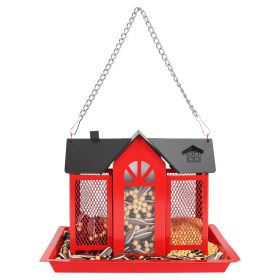 Metal Hanging Bird Feeder House Classic Barn Bird Feeder House Iron Hanging Outdoor Feeder with Visible Window and Lift Top Lid 15.75in Hanging Length (Option: BirdFeederHouseRed)